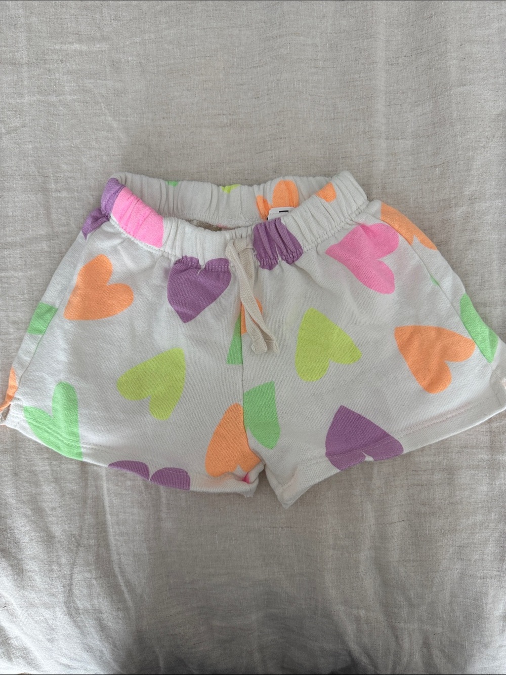 Zara White Drawstring Shorts with Neon Heart Print